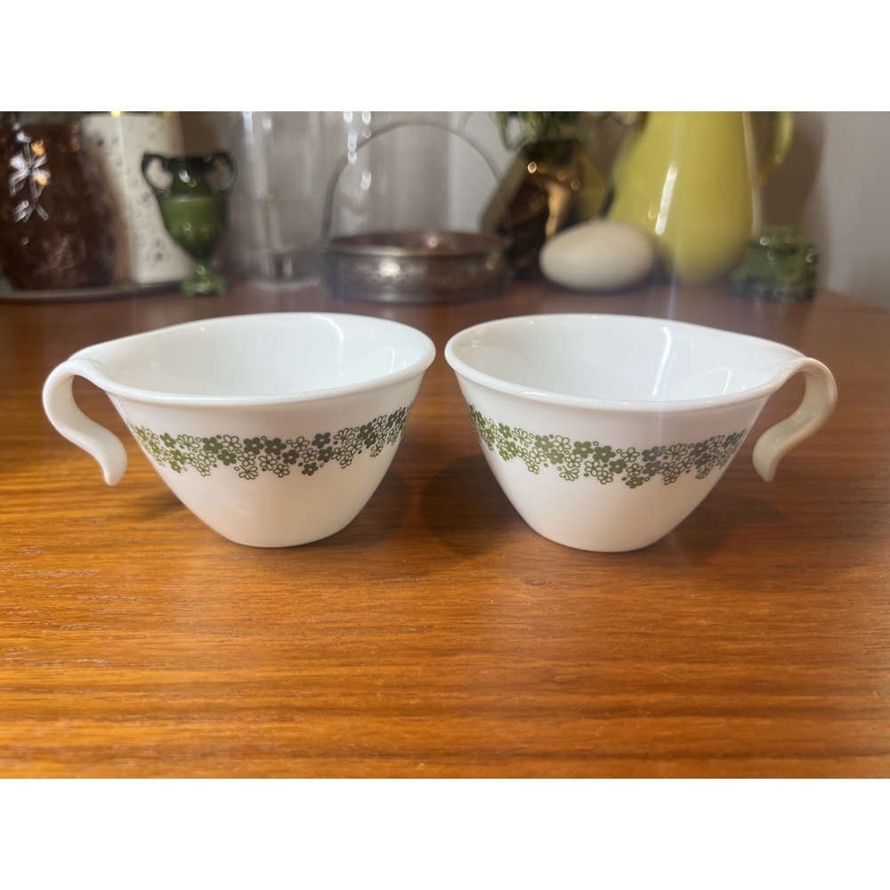Vintage PAIR Coffee Tea Cups Corelle Spring Blossom Crazy Daisy Open Hook Handle
